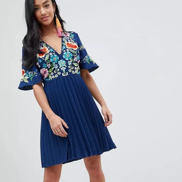 ASOS | Dresses | Asos Floral Embroidered Pleated Dress | Poshmark